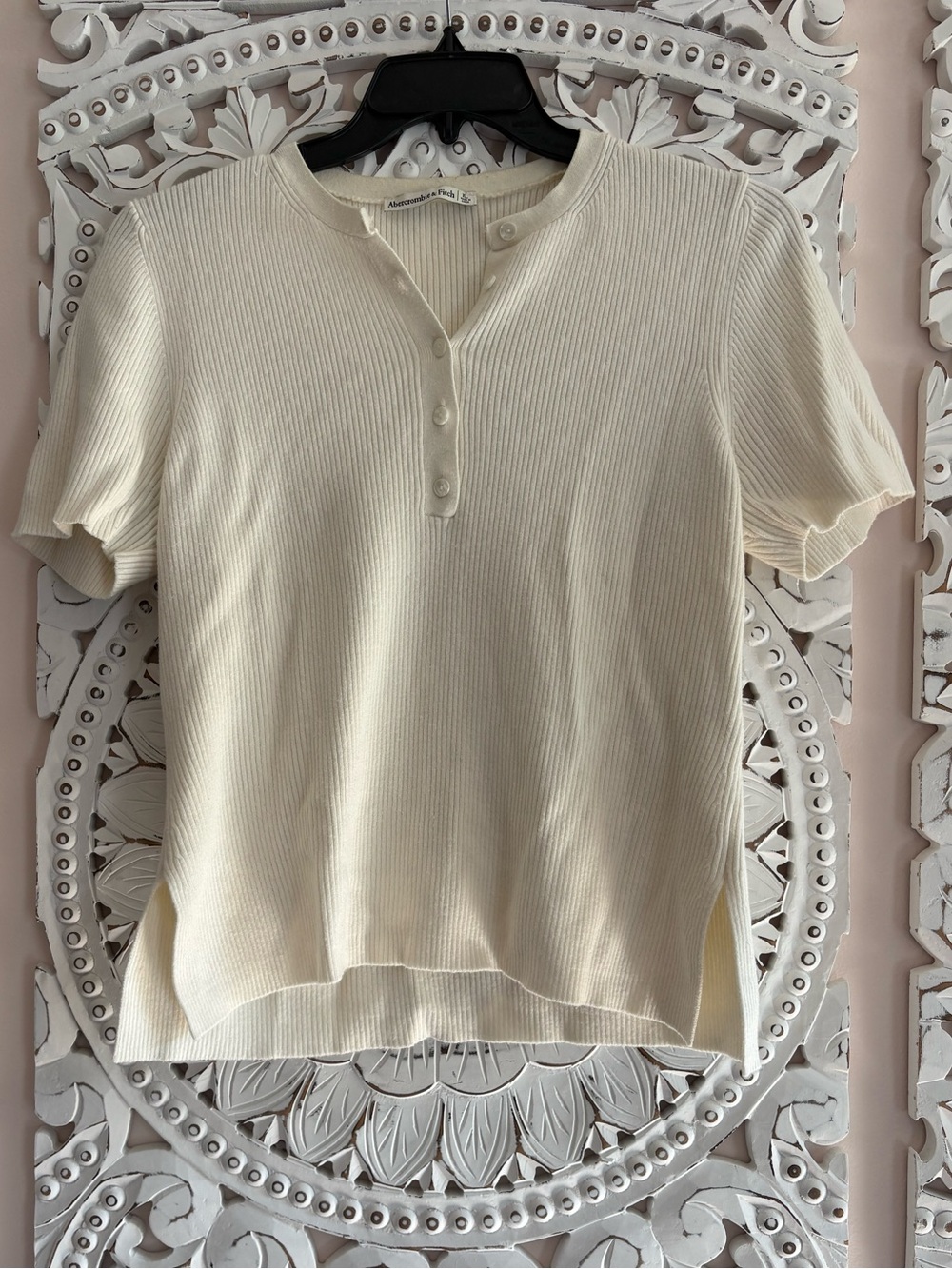 Abercrombie & Fitch Cream Ribbed Henley Short-Sleeve Top